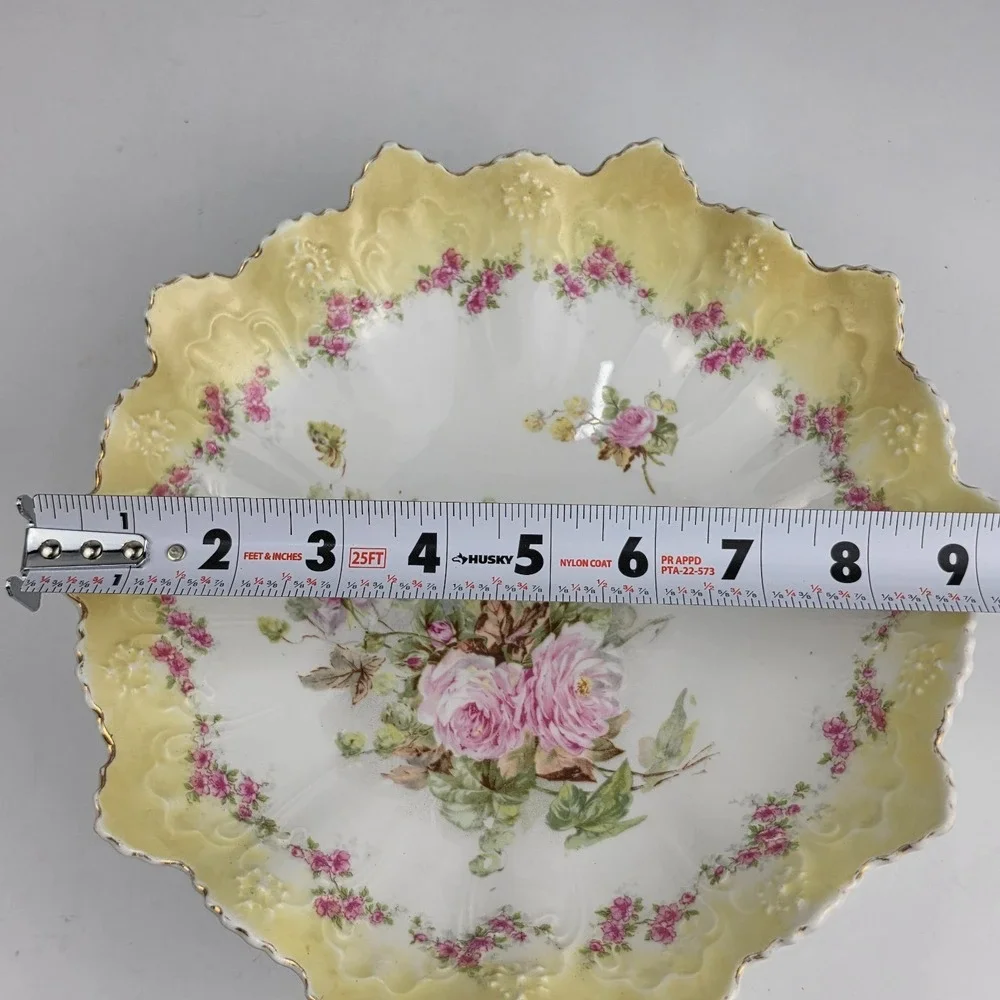 Antique Austria STAR Porcelain Bowl Yellow Rose Scalloped‎ Embossed Gold Gilt